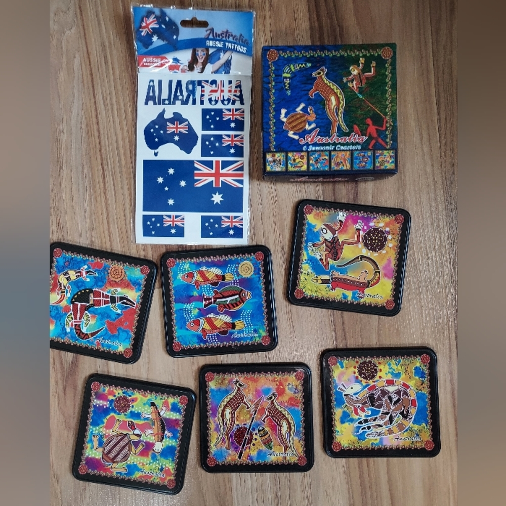 Australia Souvenir Coaster Set And Aussie Play Tattoos